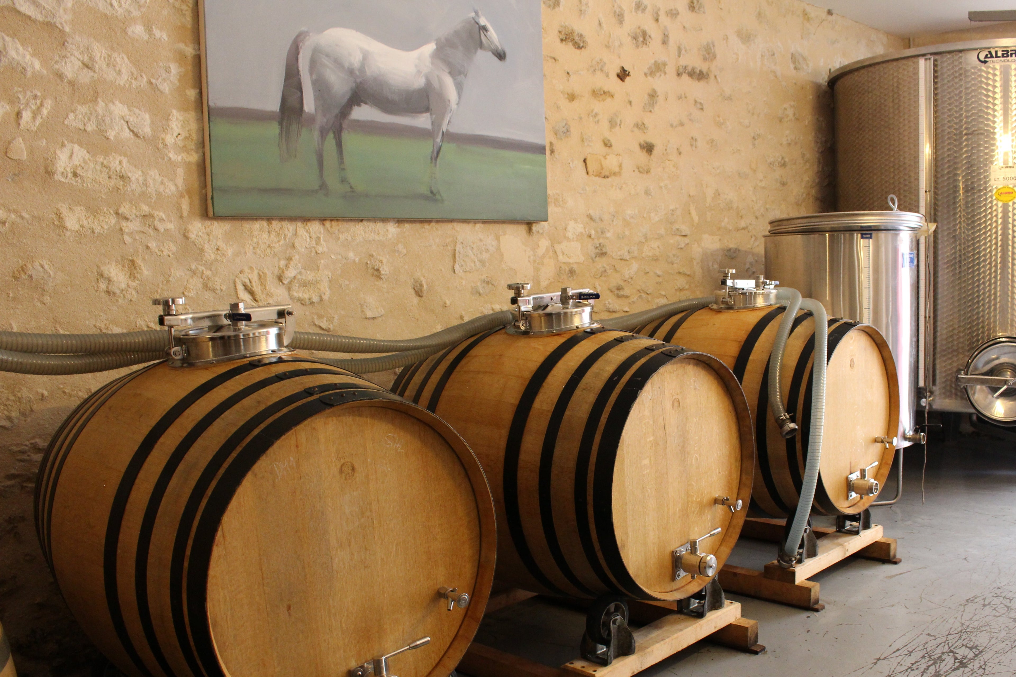 Wooden barrels and a large metal tank in a winery setting with a painting of a horse on the wall.