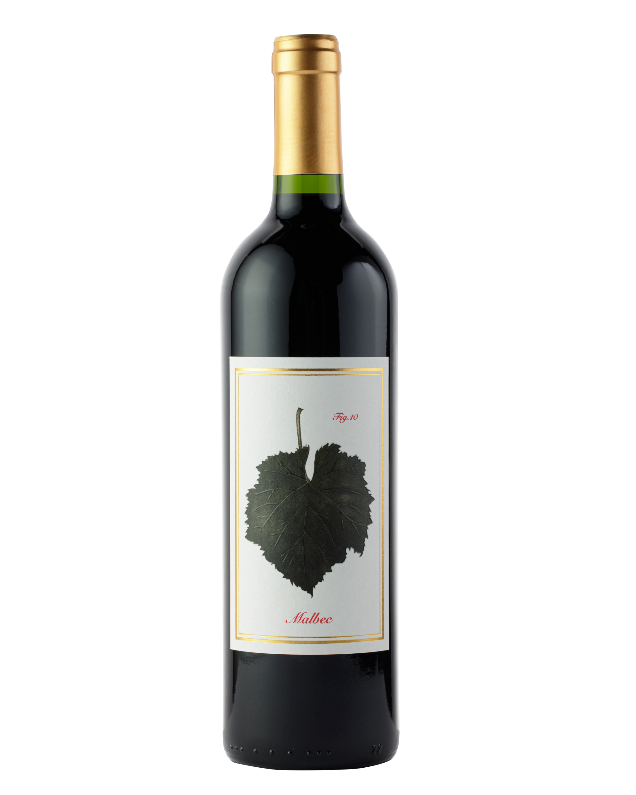 Wine bottle with a leaf design on the label against a white background