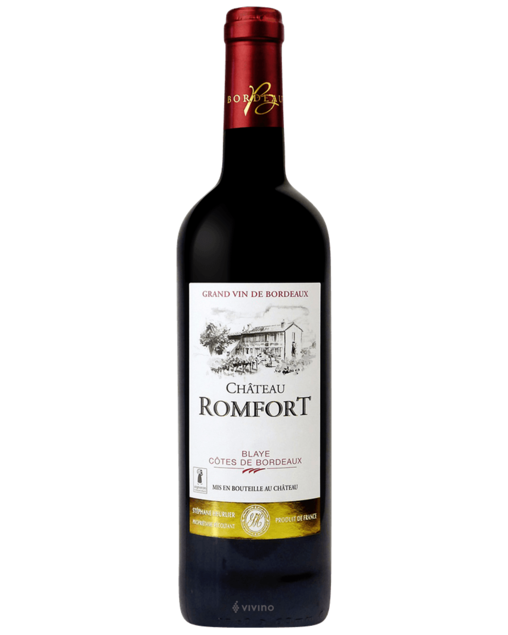 Bottle of Château Romfort red wine on a white background