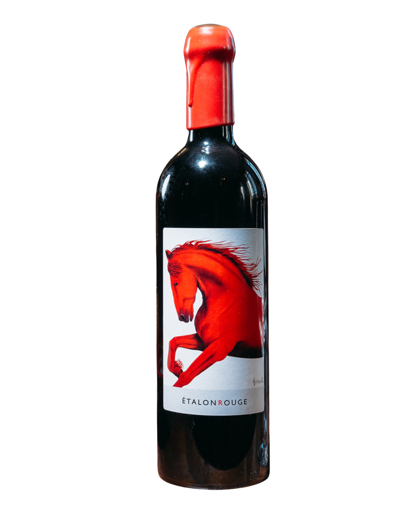 Red wine bottle with a label featuring a red horse on a white background