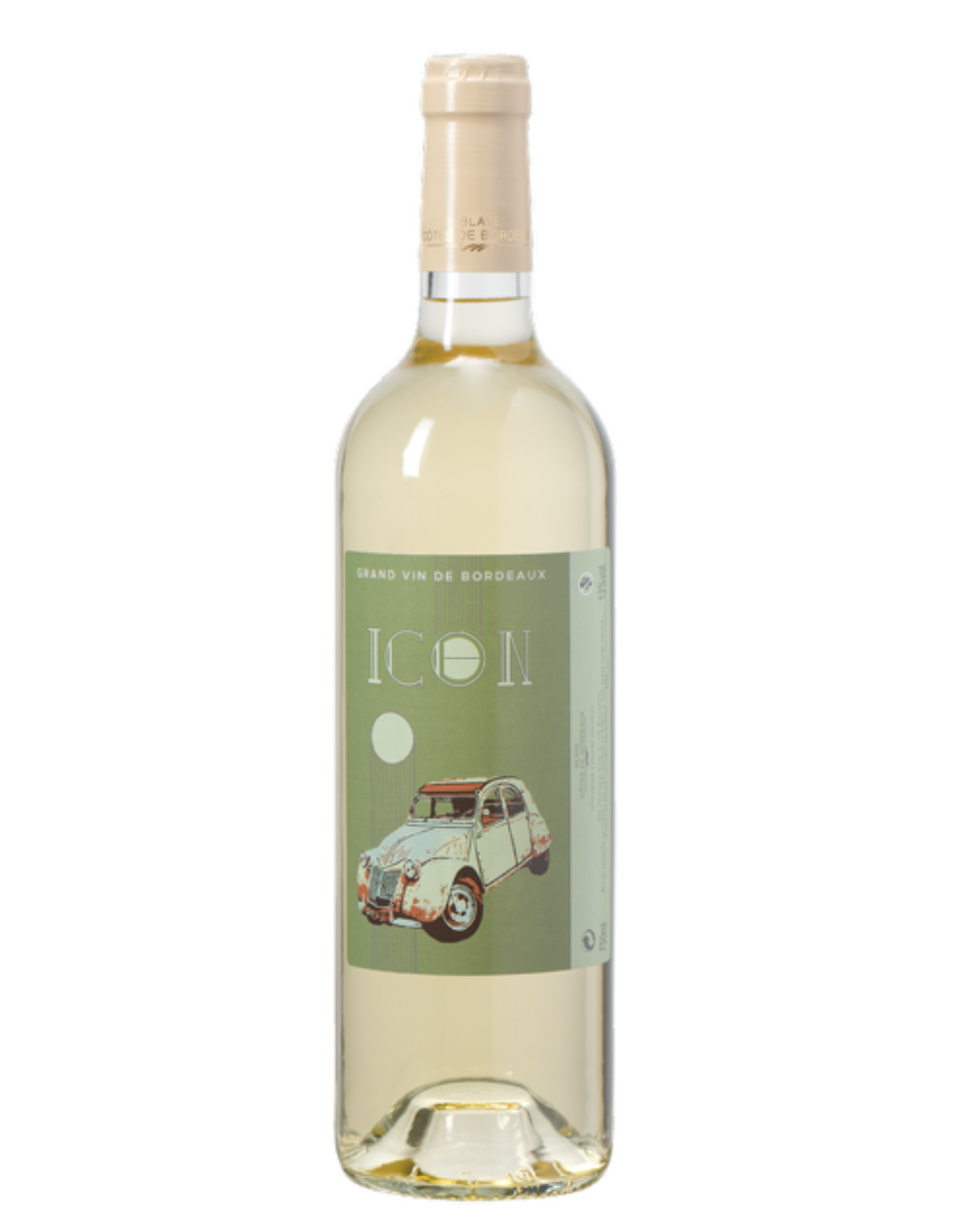 Wine bottle with a label featuring an icon of a vintage car on a white background