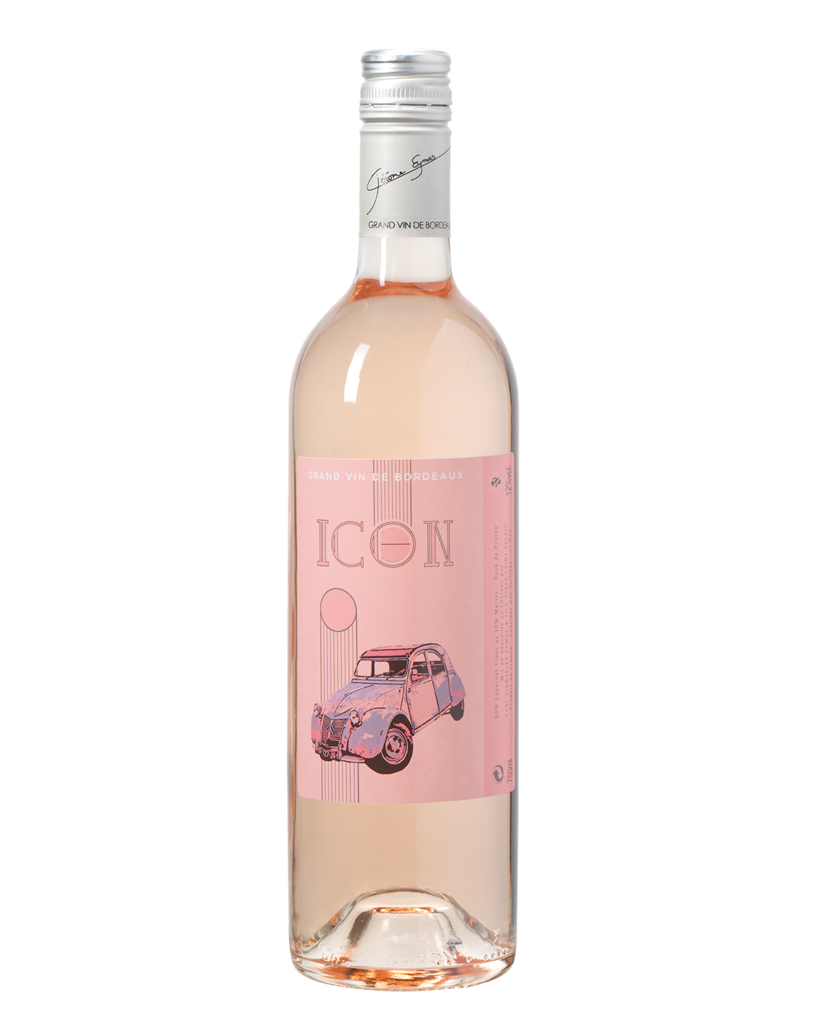 Wine bottle with pink label featuring a car illustration on a white background