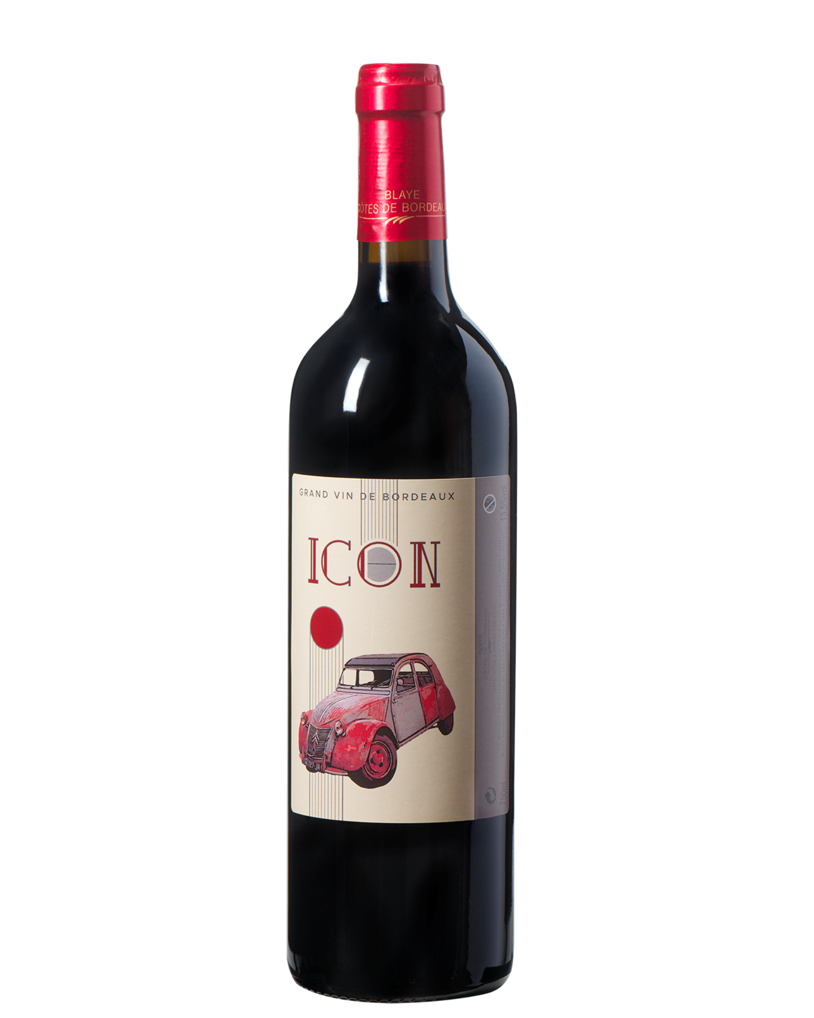 Wine bottle labeled 'Icon' with a red car illustration on a white background
