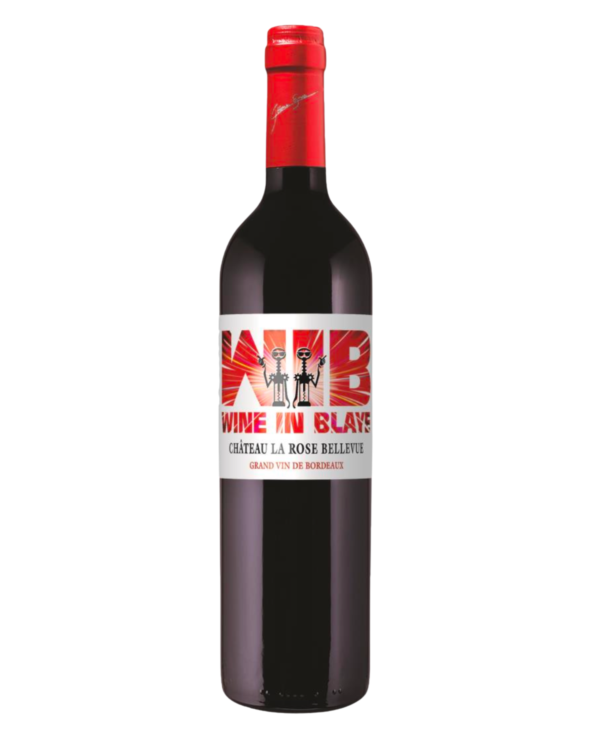 Wine bottle with a red cap and a label on a white background